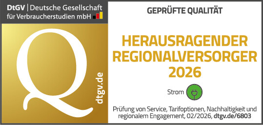 DtGV-Siegel ‚Herausragender Regionalversorger Strom‘, verliehen für herausragende Leistungen in den Bereichen Kundenservice, Tarifoptionen, Nachhaltigkeit und regionales Engagement.